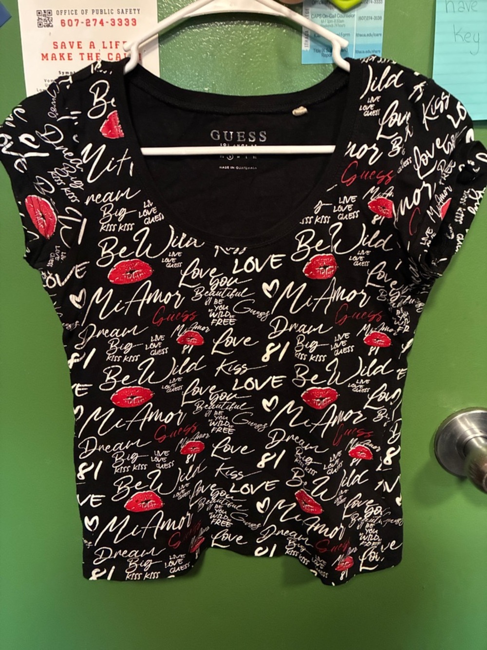 GUESS Black Short Sleeve Scoop Neck Tee with Red Lip & White Script Print